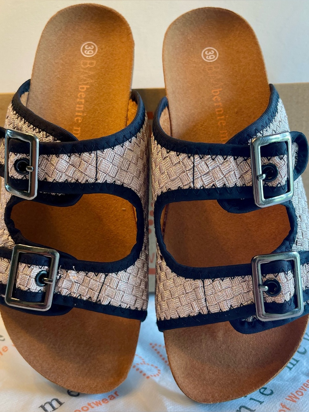 NIB BERNIE MEV SUNSET NUDE METALLIC SLIDE SANDAL WOVEN ADJUSTABLE VELCRO STRAPS - Picture 8 of 14